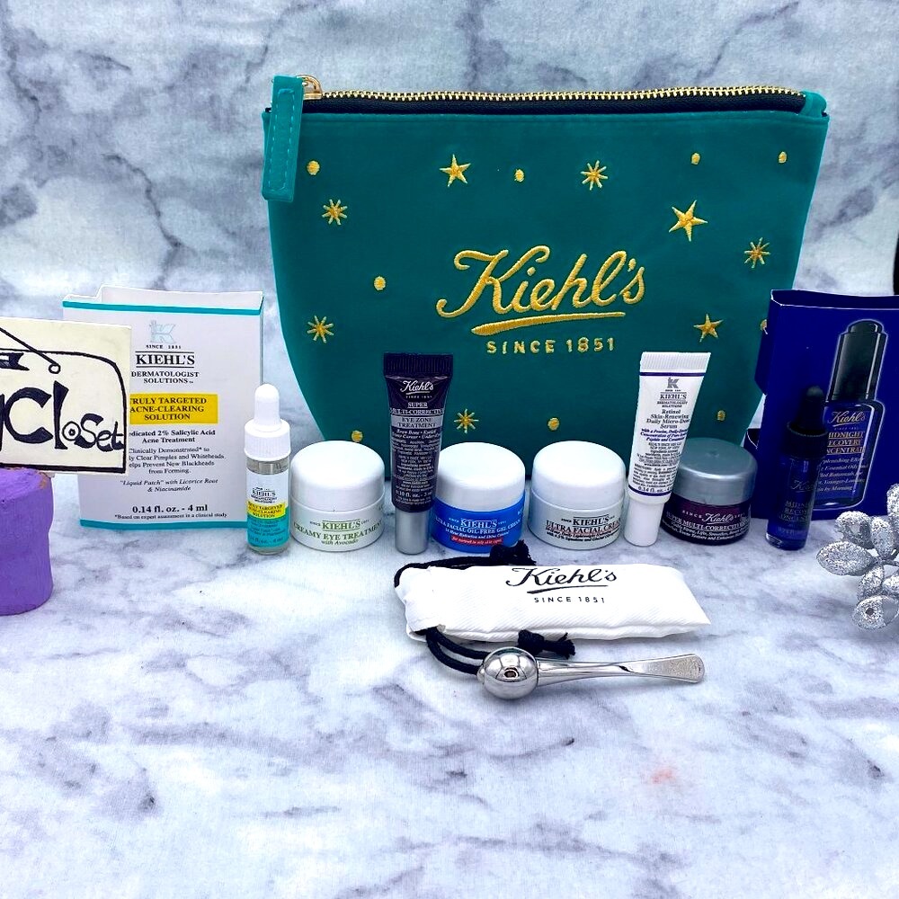 Kiehls Skincare Gift Set-Green Pouch,Eye Roller,Retinol Serum,Eye Cream-10pc-NEW